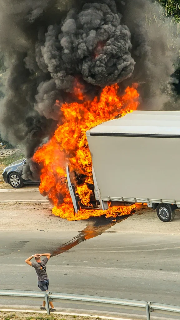 "Massive truck fire on a roadside with dark smoke and a distressed bystander, emphasizing the seriousness of crash aftermaths."