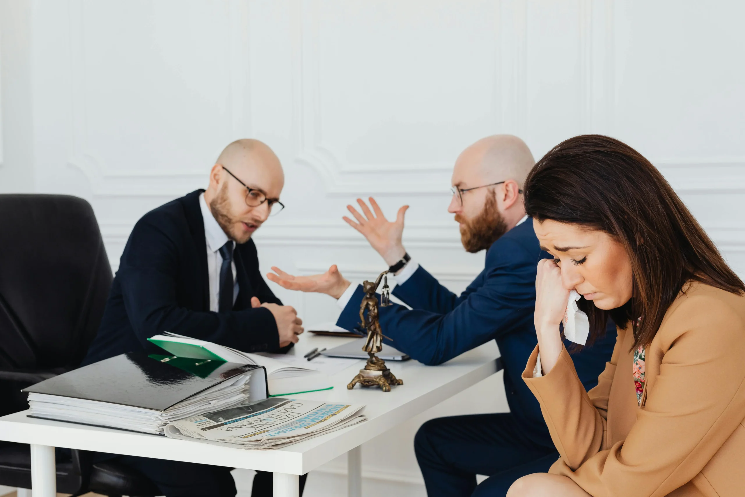 Serious discussion between two lawyers and a distressed woman in a legal office, representing a legal consultation for injury compensation.