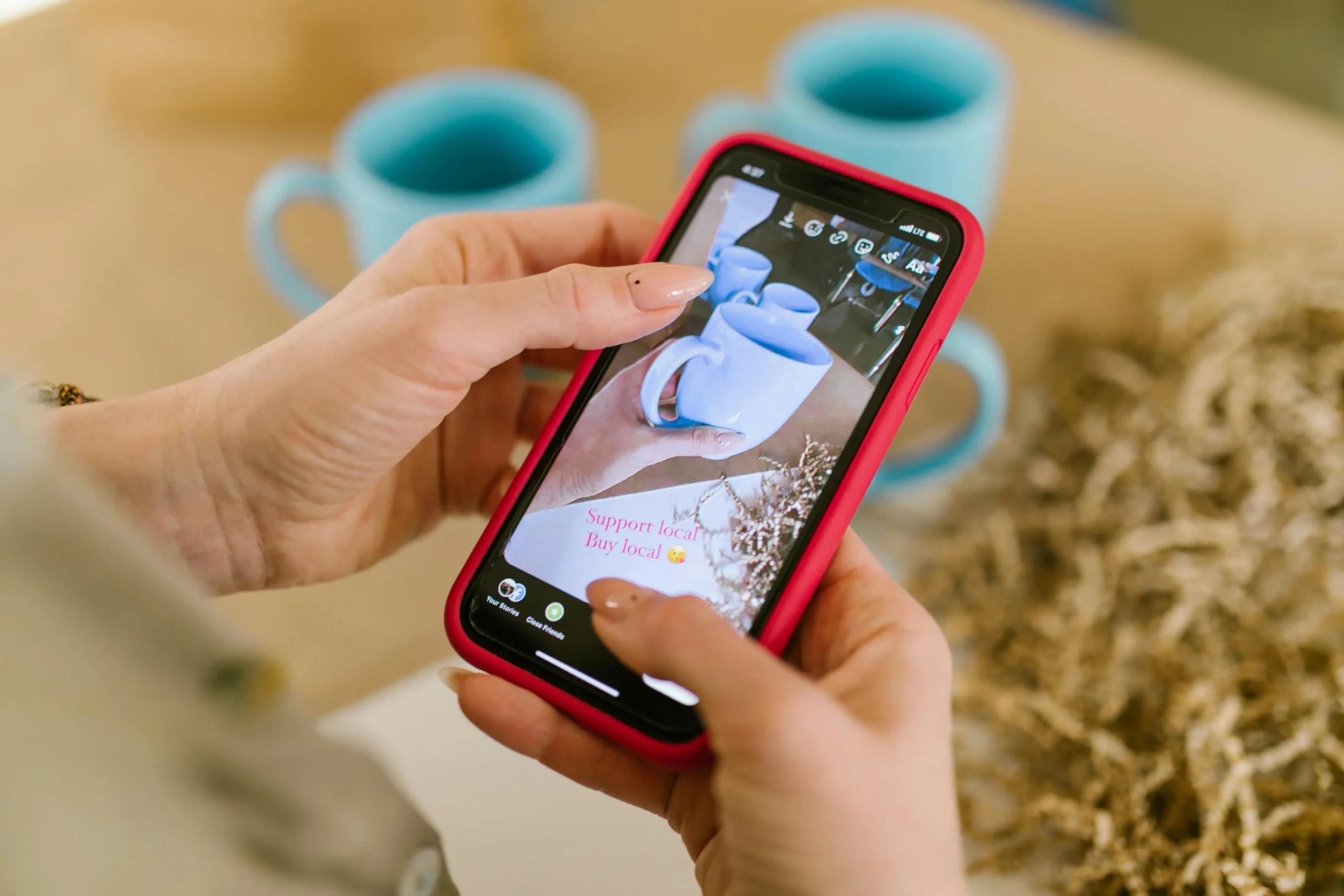 Woman browsing a mobile store page with “Support local, Buy local” message, reflecting consumer trust in small online brands