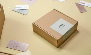 "Branded cardboard box surrounded by product tags on a beige background, representing customized packaging and e-commerce brand identity."